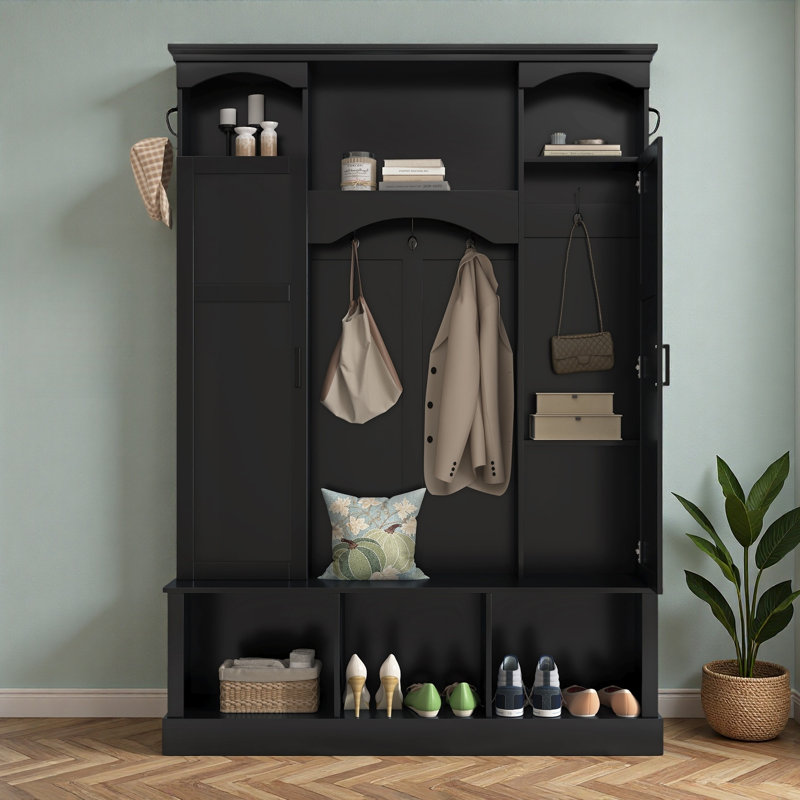 Modern Hall Tree With Adjustable Shelves, Side Cabinets, Top Compartments And Hooks, Black
