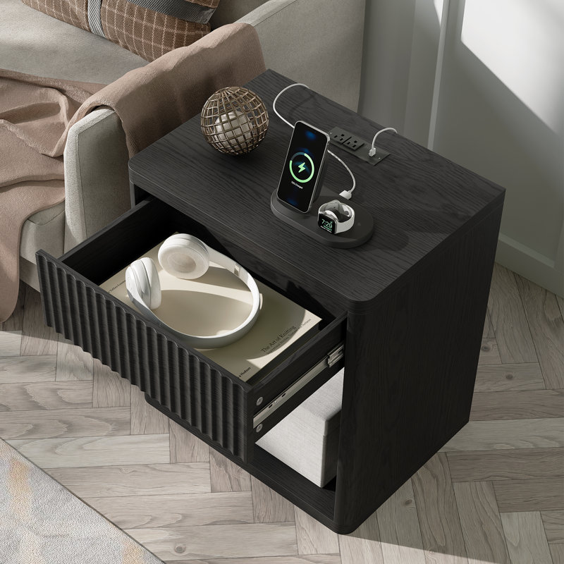 Valerica 1-Drawer Fluted Nightstand with Charging Station, Black