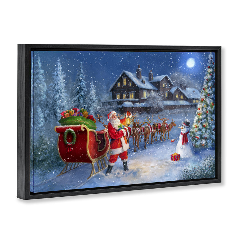 «Santa's Sleigh & Lantern» par Grateful Licensing Studio, Cadre flottant noir de jais, H 17 po x l 25 po