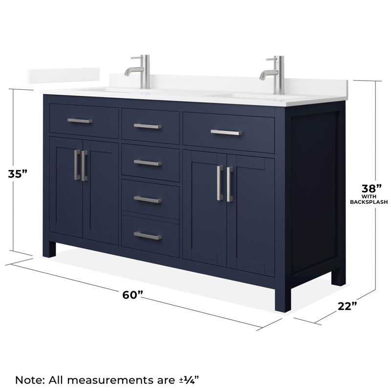 Beckett 60" Freestanding Double Bathroom Vanity with Quartz Top, Brushed Nickel, White Quartz, Dark Blue