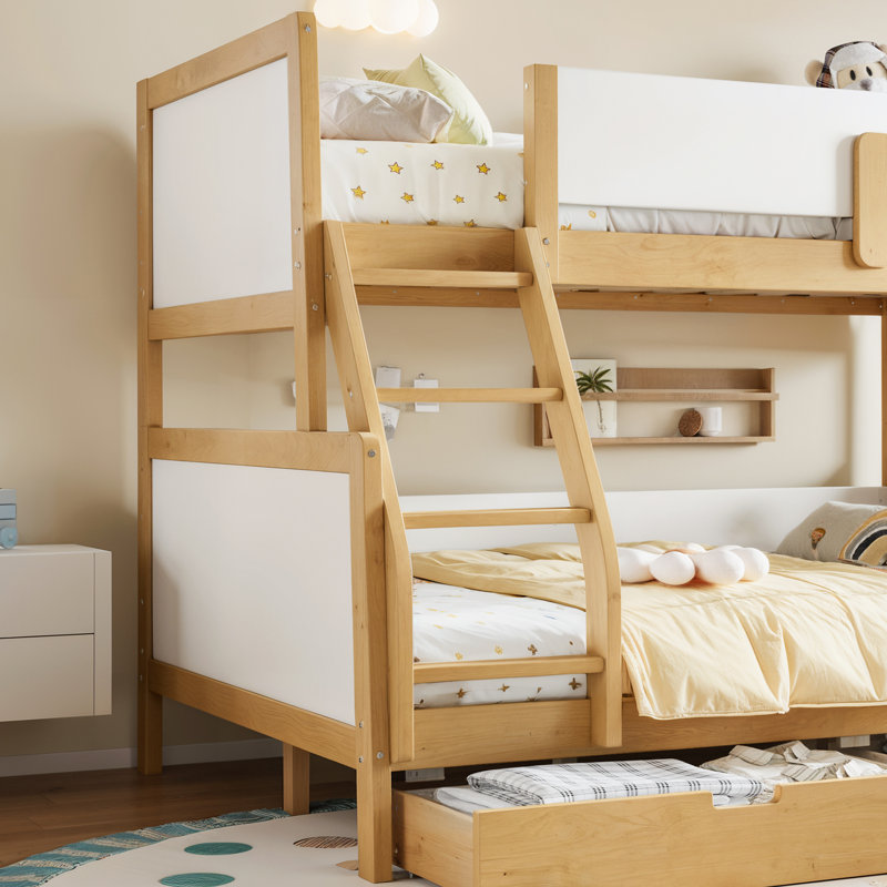 Lit simple superposé au dessus d'un lit double avec tiroirs de rangement, structure de lit superposé pour enfants en bois massif avec lattes, conception convertible, blanc et naturel