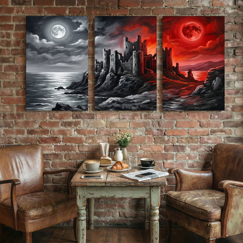 Paysage et nature Château au clair de lune, reflet du ciel rouge, H 24 po x l 48 po