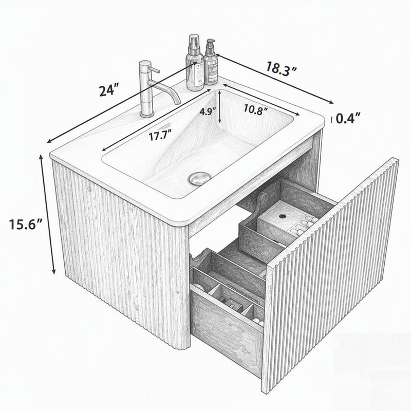 Meuble-lavabo rayé en chêne brut avec lavabo à surface solide blanc, conception flottante murale pour salles de bain modernes