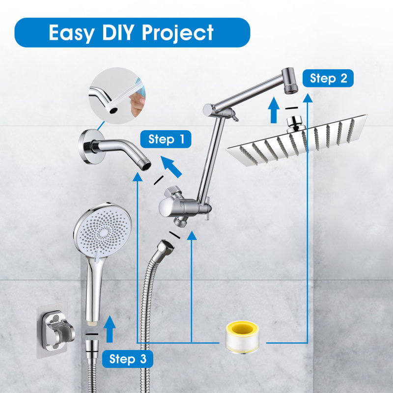 12" Adjustable Shower System With 8" Rainfall Shower Head And 4-function Handheld, 304 Stainless Steel, With Brass 3-way Diverter