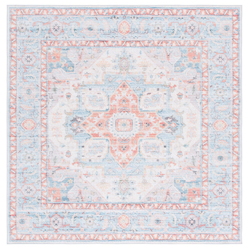 Tapis oriental turquoise en polyester tissé à la machine Roshaun, Carré 6 pi