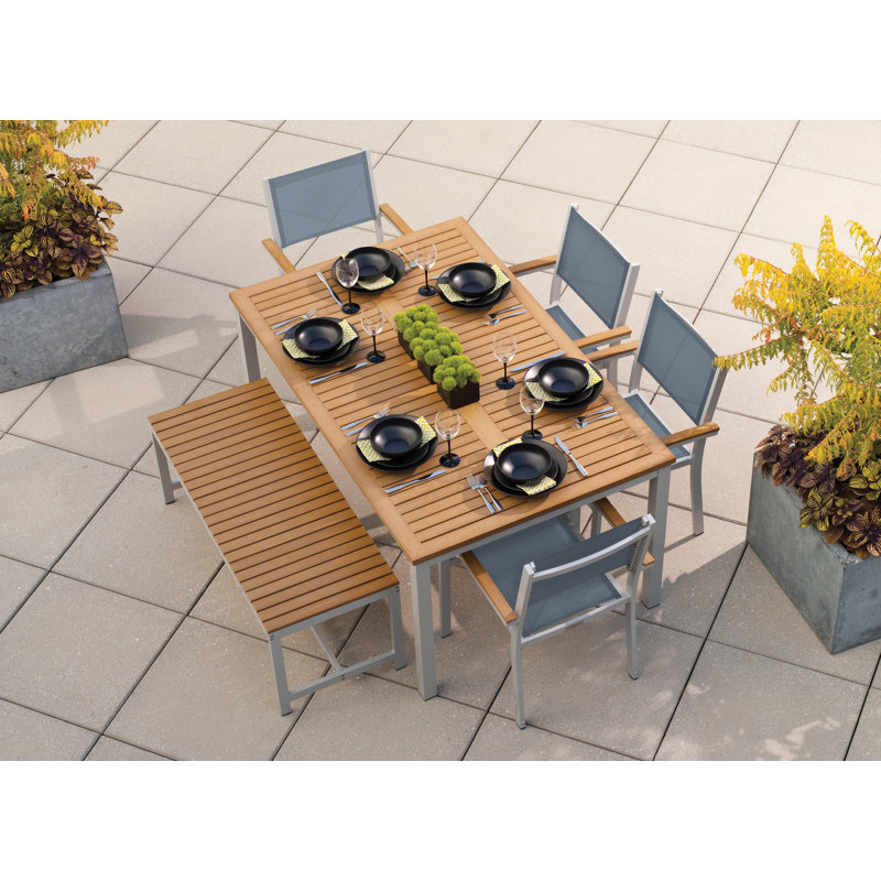 Travira Rectangular 6 - Person 63" Powder Coated Aluminum Sling Chair and Bench Patio Dining Set, Tekwood Natural, Black