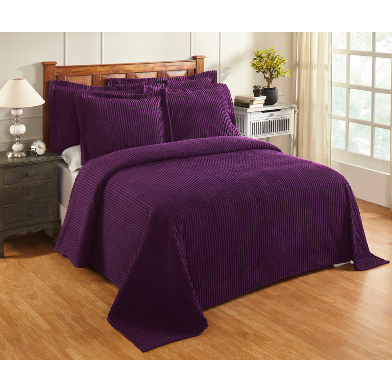 Ensemble de couvre-lit très grand touffeté 100% coton de la collection Jullian, couvre-lit rayé classique avec taies décoratives assorties, certifié OEKO-TEX, doux, respirant, lavable à la machine, toutes saisons, prune