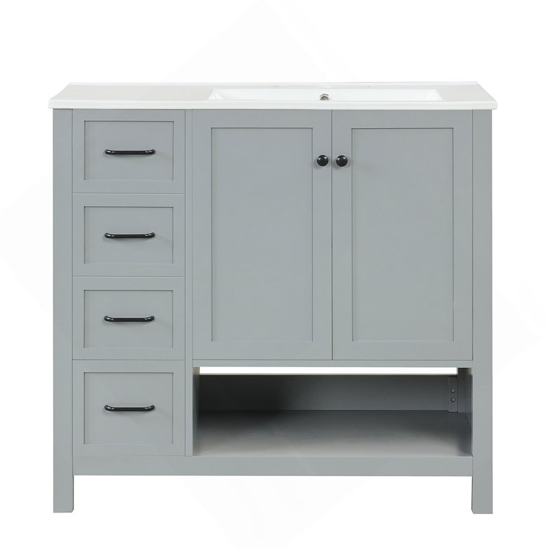 Meuble-lavabo de 36 po avec comptoir d'évier, meuble-lavabo avec deux portes et deux tiroirs, bois massif, tablette ouverte, panneaux de fibres à densité moyenne, un paquet, gris