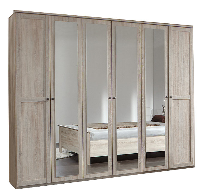 Pimm 6 Door Wardrobe, 210" H x 225" W x 58" D, Oak