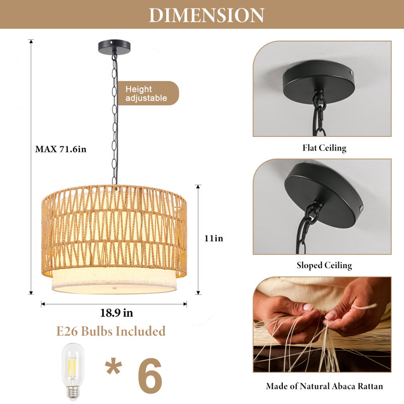 Lustre de style bohème en rotin 19,7 po Attison (ampoules incluses)