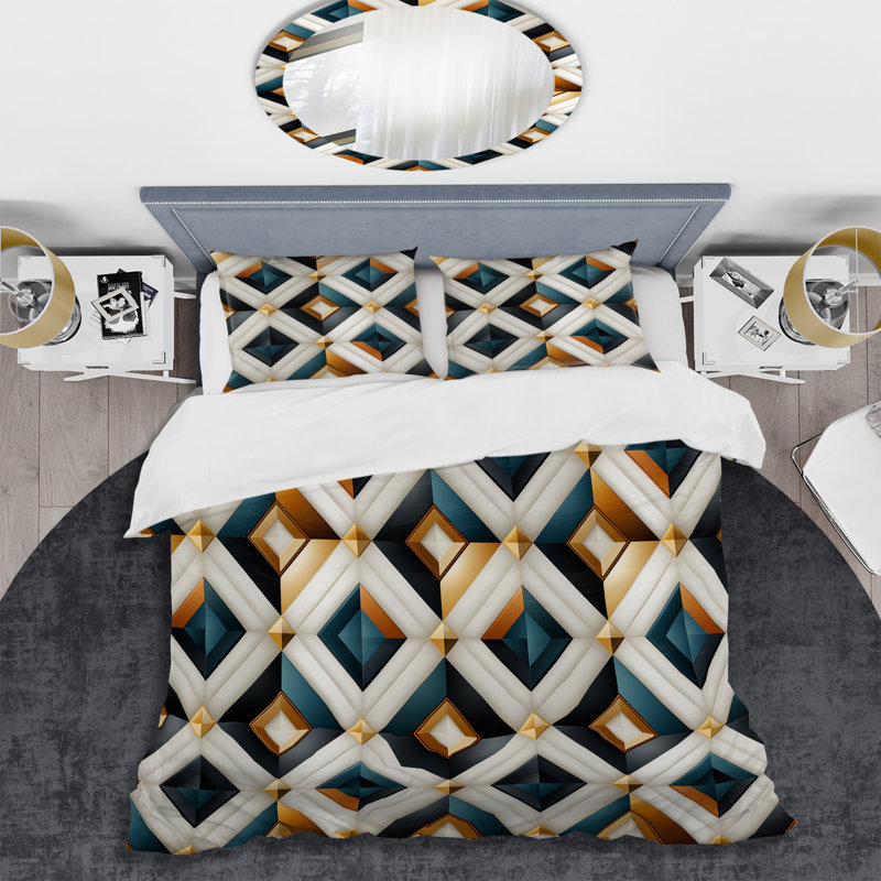 Ensemble de housse de couette géométrique bleu sarcelle et or, Housse de couette pour très grand lit et 2 très