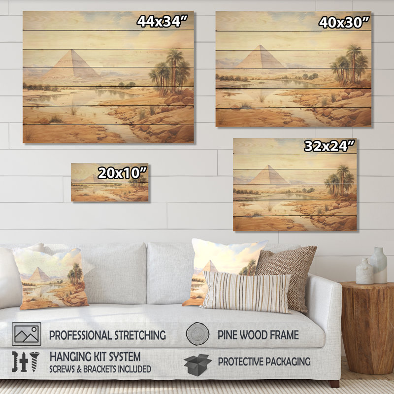 Paysage de pyramide égyptienne antique - Égypte sur bois, H 10 po x l 20 po