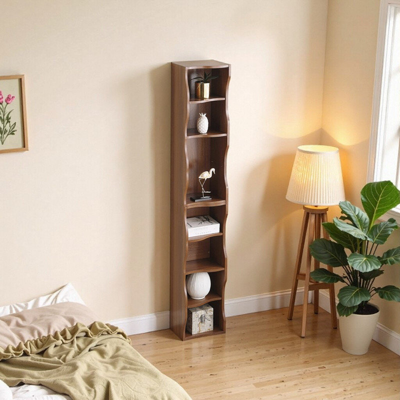 8-Tier Adjustable Shelf Bookcase With Wavy Border Design, Brown