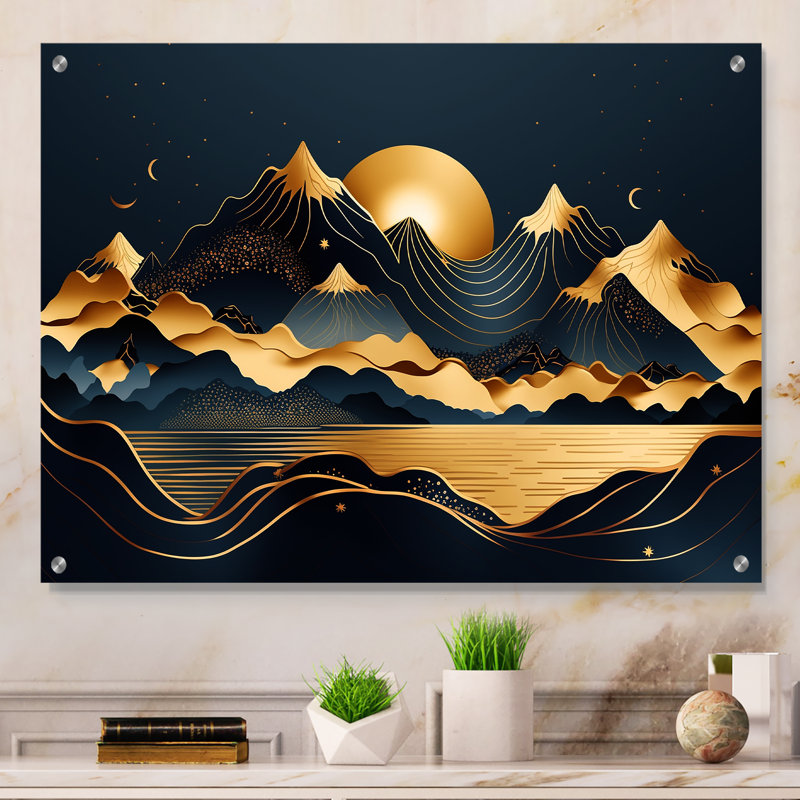«Gold Minimalist Mountains II», art mural moderne minimaliste en acrylique, H 16 po x l 32 po
