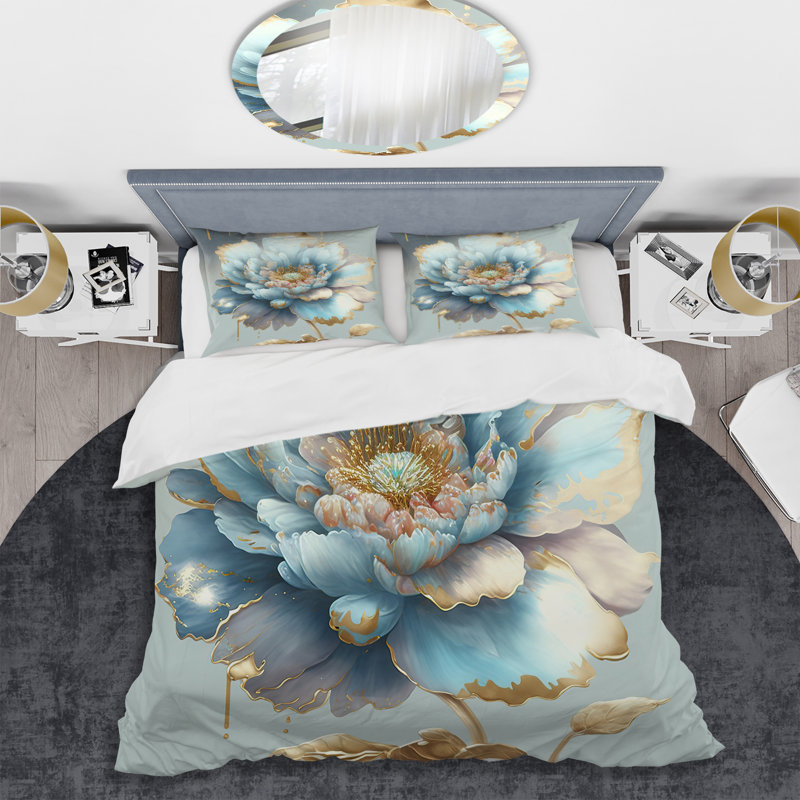 Chic Blue Blooming Flower IV - Ensemble de housse de couette floral - Microfibre de polyester
