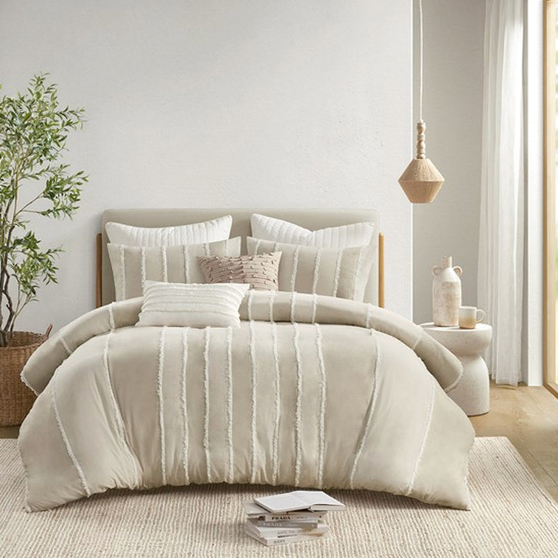 Housse de couette en coton 3 pièces double / grand avec décor à rayures alternées et fermeture à boutons de taille