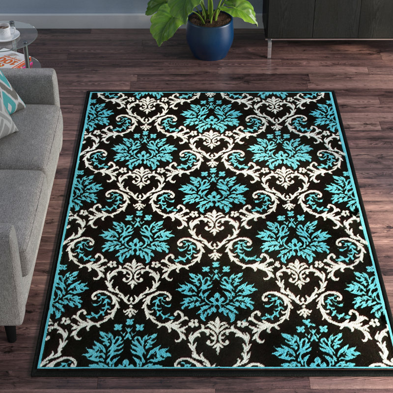 Tapis bleu à motif floral Haldis, Rectangle 2 pi x 3 pi