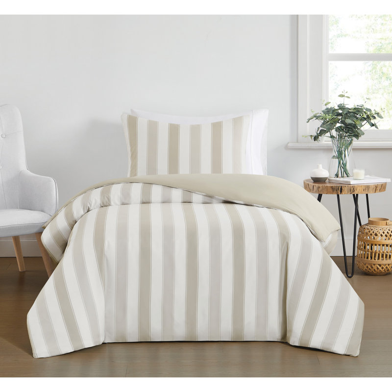 Aiden Polyester Standard Striped Duvet Cover Set, Queen Duvet Cover + 2 Standard Shams, White/Tan