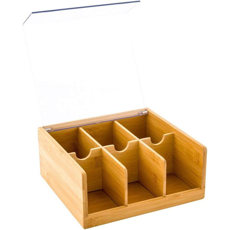 Organisateur de thé en bambou - 6 compartiments, avec couvercle en plastique - 8 1/2 po x 8 po x 3 1/2 po - 1 boîte