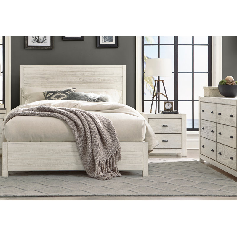 Montauk Solid Wood Bedroom Set, Rustic Off-White, Full, 3 Pcs: Bed, Nightstand, Double Dresser