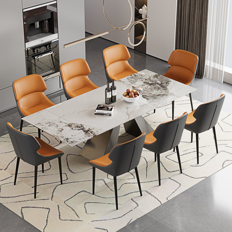 Ensemble de table de salle à manger 9 pièces avec table de salle à manger extensible en pierre frittée de 63 à 94,5 po et 8 chaises à oreilles en similicuir
