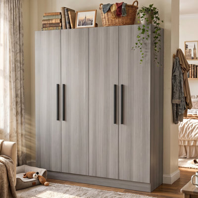 63" W 4-Door Wardrobe Armoire with 2 Hanging Rods, 5 Interior Shelves and 2 Upper Storage Compartments