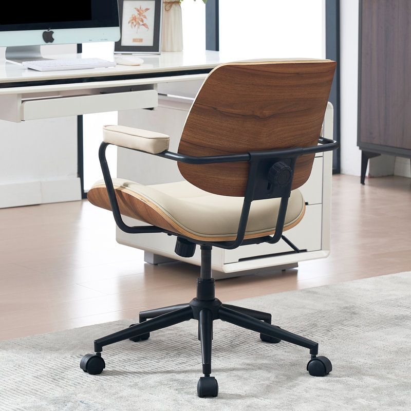 Upholstered Swivel  Office Chair with Adjustable Back, Beige