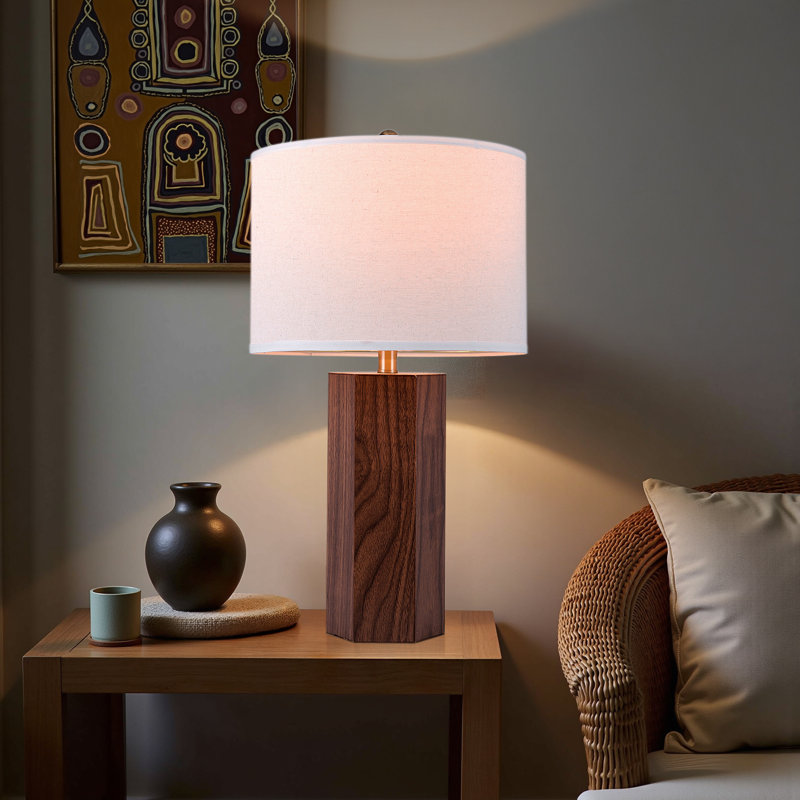 26'' Wood Table Lamp with Linen Shade, 26" H x 14" W x 14" D, Beige