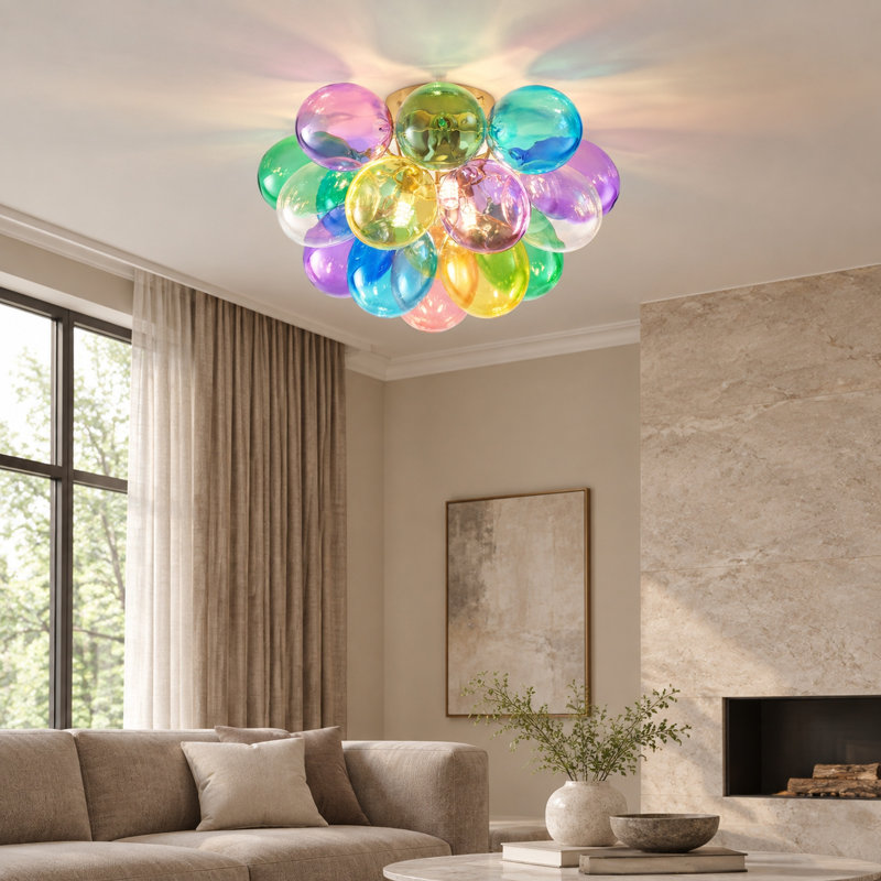 Plafonnier 3 lumières 15 po avec verre bullé, multicolore