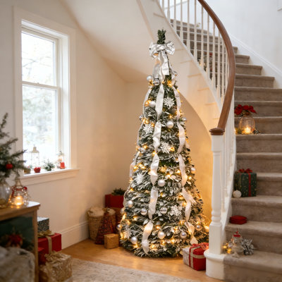 6FT Silver Flocked Pre Lit Pop Up Artificial Christmas Tree With Light Pre Decorated Collapsible Foldable