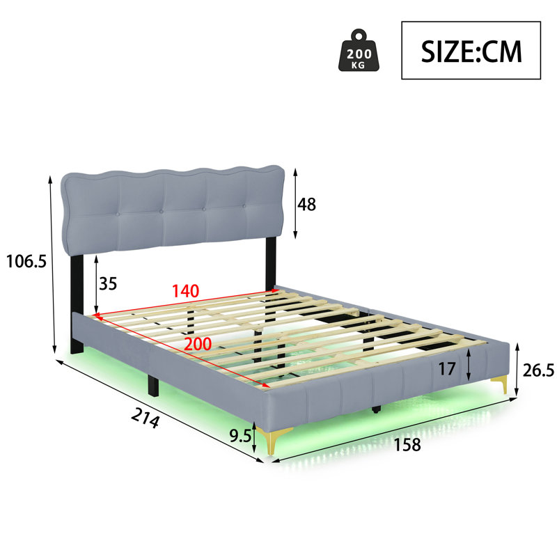 Celena Upholstered Bed, Grey, European Double (140 x 200cm)