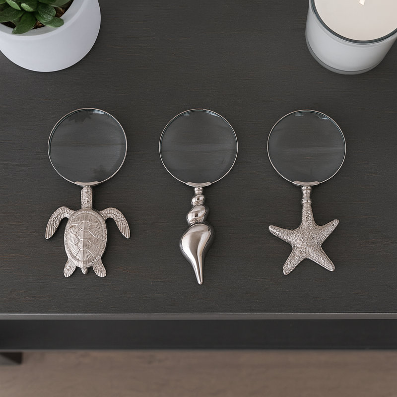 Decorative Objects Metal Aluminum Glass Coastal Magnifying Glasses with Ocean Designs Finish for Home Office Living Room Set of 3 - 1" Silver