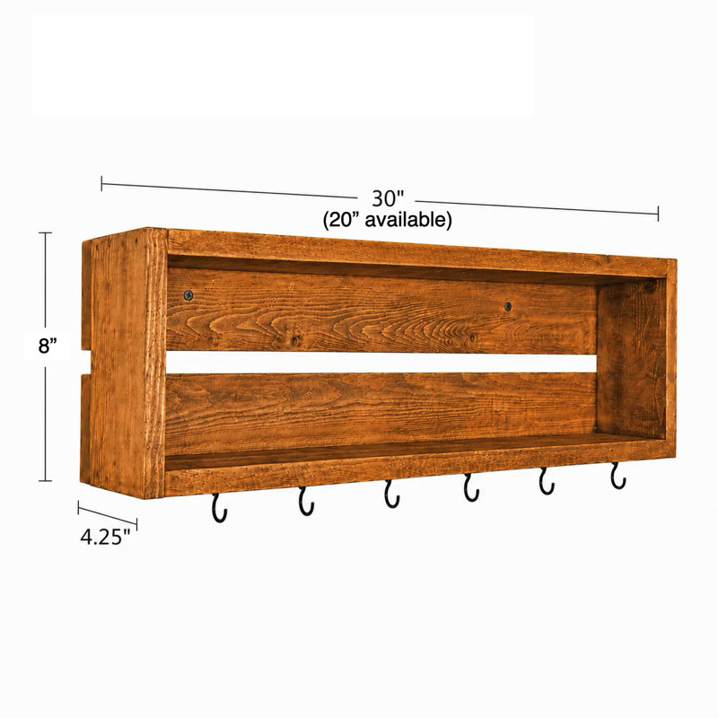 Rustic Mug Holder with Storage Hooks Coffee/Tea Bar Wall Organizer, 30 Inch Width, Golden Oak