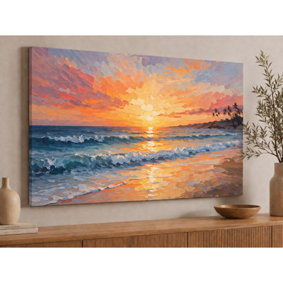 Grand coucher de soleil plage, art mural, vagues de l'océan, heure dorée, peinture marine, décor côtier pour le salon, chambre à coucher, bureau, décoration murale, impression sur toile 24 x 36 pouces - prête à être accrochée