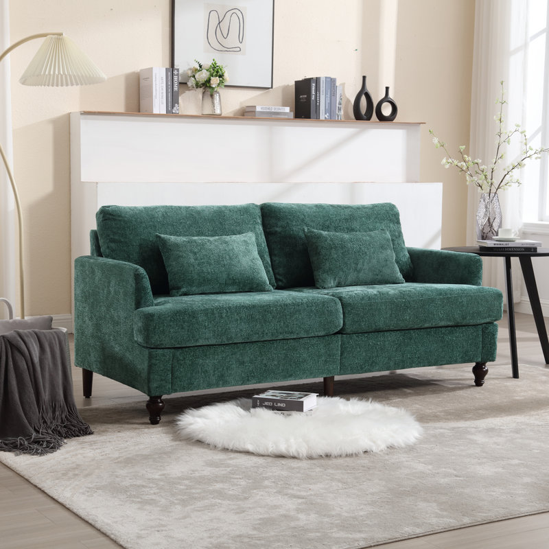 Canapé en chenille de style Mid-Century moderne en tissu, canapé 2 places rembourré avec canapé moderne pour le salon, canapé avec pieds en bois brun pour la chambre à coucher, Chenille émeraude