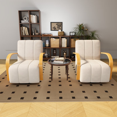 Ensemble de 2 fauteuils pivotants rembourrés avec accoudoirs en bois massif