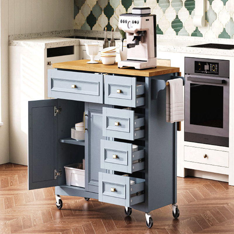 52'' Kitchen Island With Drop Leaf, Embossed Texture Kitchen Island On Wheels With Spice Rack, Towel Rack, 2 Doors And 5 Drawers, Kitchen Storage Cart With Adjustable Shelf For Kitchen