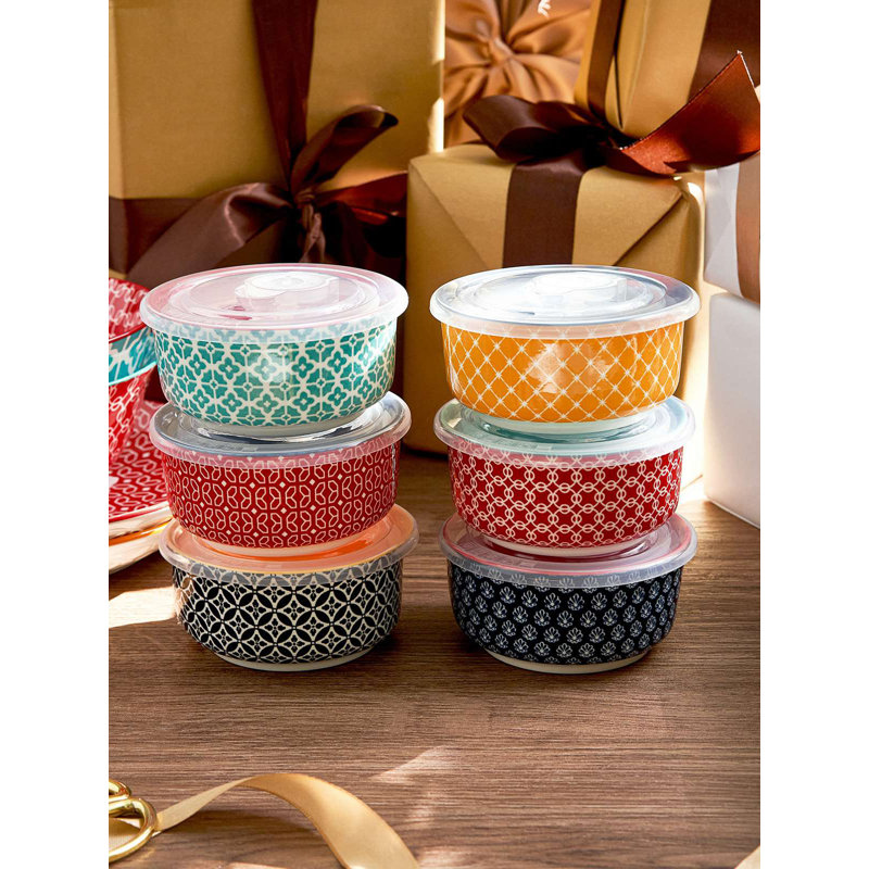 6-Piece Porcelain Ramekin Set with Colourful Ribbon Lids, Baking Dishes, 3.5" x 3.5" , Multicolor