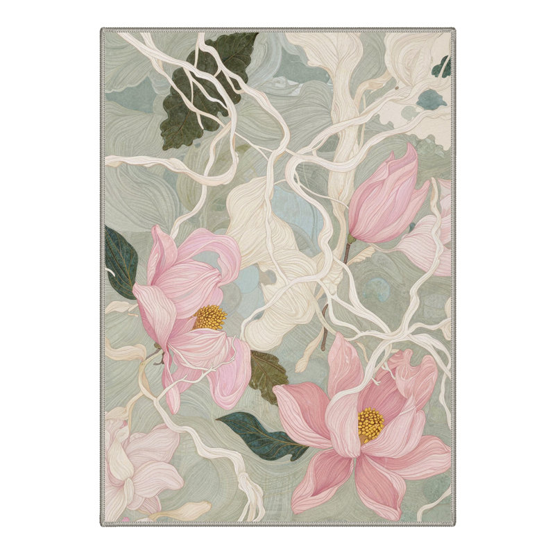 Tapis d'intérieur vert / beige / rose à motif floral lavable à la machine avec envers antidérapant Magnolia