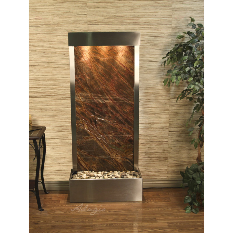 Harmony River Fountain with Light, Stainless Steel, Rainforest Brown Marble