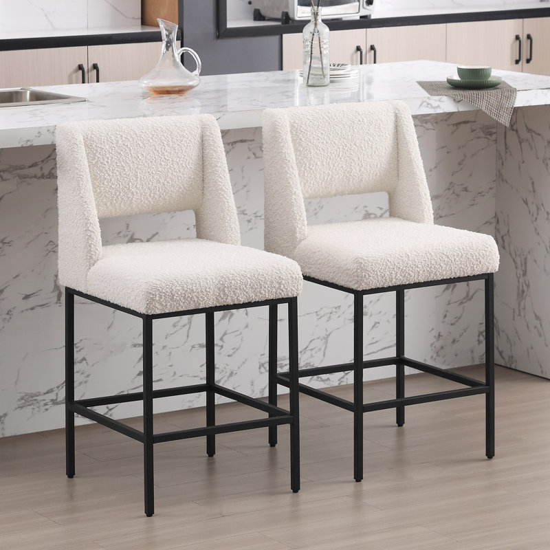 Jenie Upholstered 26.4'' Boucle/Linen Counter Stool with Metal Frame, Boucle White