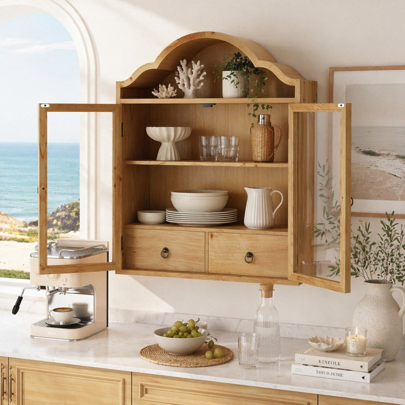 Armoire murale rétro en bois massif vieilli rustique avec plateau ondulé élégant, pour la salle à manger, la cuisine, le salon et la salle de bain
