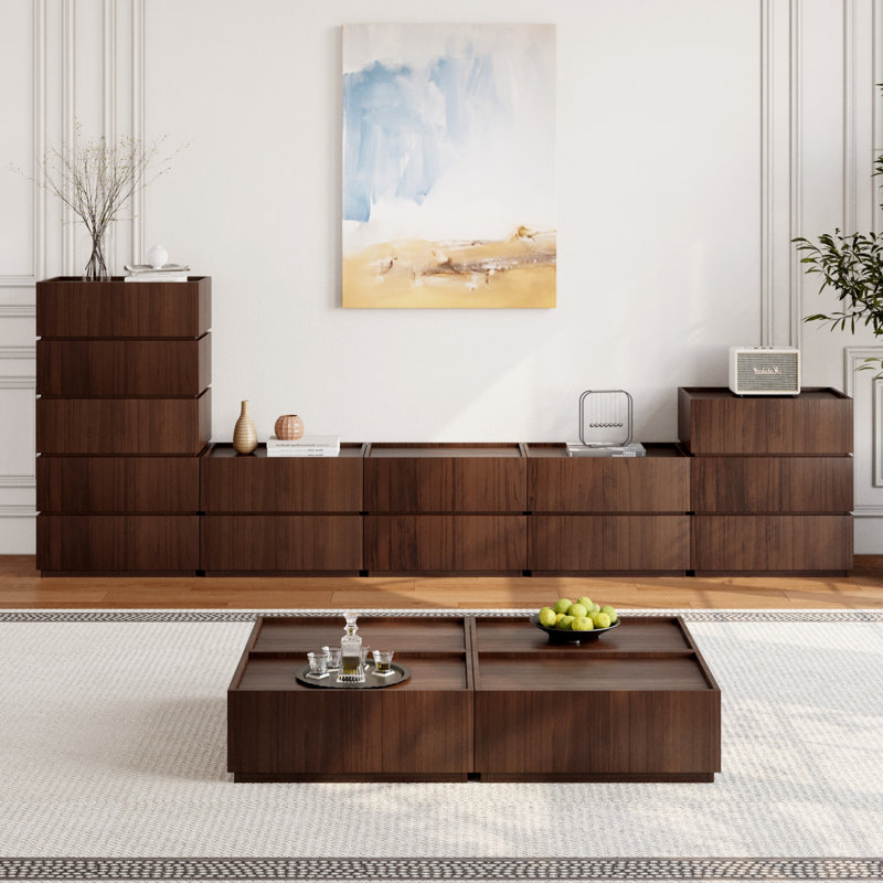 Heckman Modern Modular TV Stand with 14 Drawers, Modular Assembly, Brown
