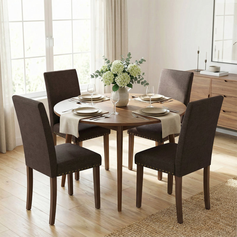Upholstered Dining Chairs Set Of 4, Nail Head Trim Design, Solid Wood Legs And Padded Seat, Comfortable Fabric For Kitchen, Dining Room, Living Room(brown)