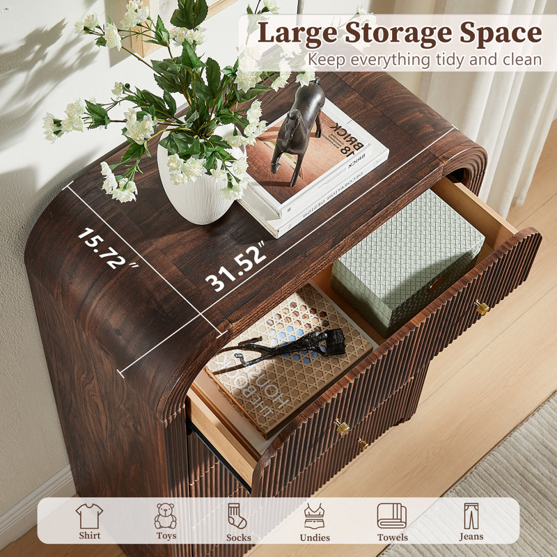 Fluted 5 Drawers Dresser For Bedroom, 48" Tall Modern Chest Of Drawers For Bedroom, Living Room, Hallway, Dark Walnut