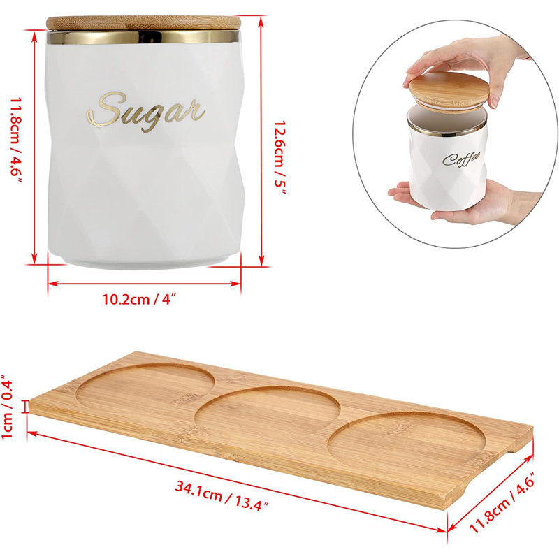 White Ceramic Honeycomb Canister Set with Bamboo Lids, 3 Piece