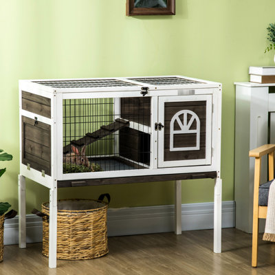 Cage à lapins spacieuse à l'intérieur - Cochon d'Inde surélevé avec couloir, sorties verrouillables, plateau propre amovible, portes d'intérieur brun, café hygiénique amovible