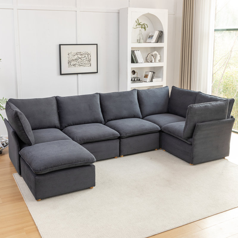 Hepworth Dejohn Corduroy Sectional Sofa With Solid Wood Legs, 36" H x 125" W x 62.5" D, Gray Corduroy