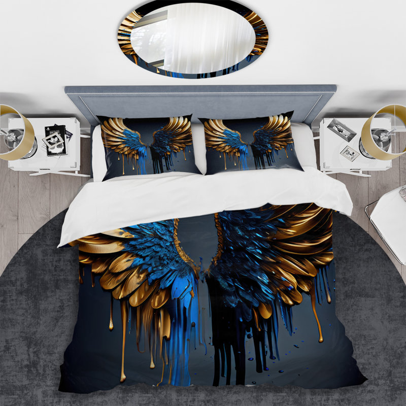 Ensemble de housse de couette bleu et or Angel Wings III - Wings Angel - Microfibre polyester