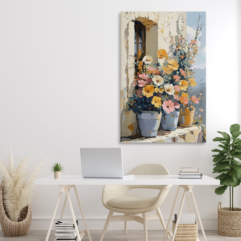 Fleurs colorées sur toile de rebord en pierre, design par Gina Kelly, H 45 po x l 30 po